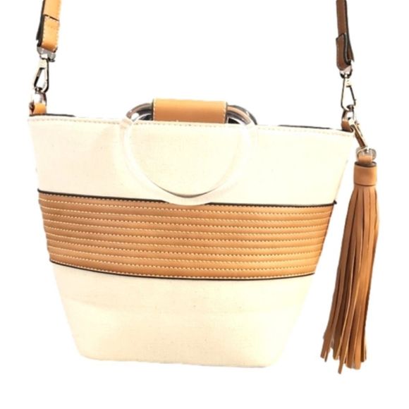 𝅺NWOT Womens Cognac & Cream convertible crossbody/handbag with  lucite handles - Picture 4 of 14